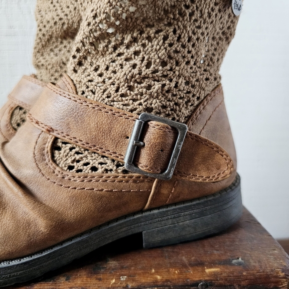 Slouchy moto boot - leather & crochet, Cognac, Women's size 9. - Picture 2 of 10